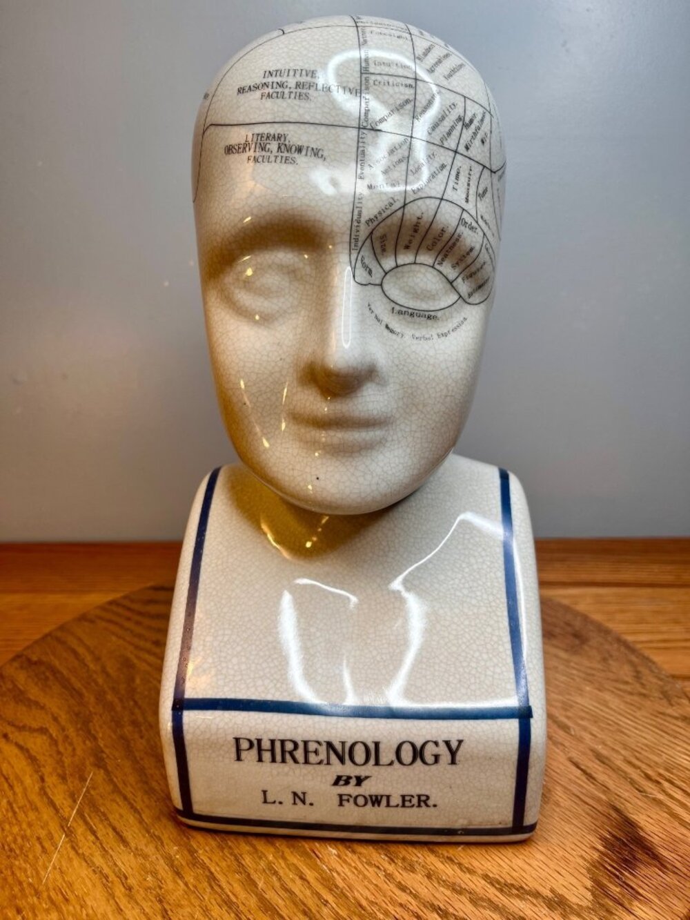 Vintage L.N. Fowler Phrenology head bust 12” tall Crackle Ceramic